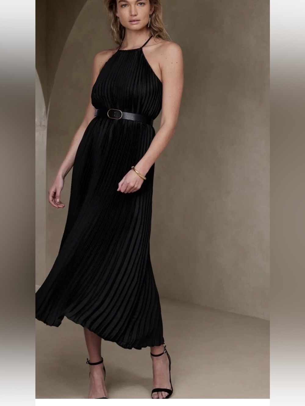 Banana Republic Black Halter Pleated Midi Dress Size XXL Evening Cocktail Gown